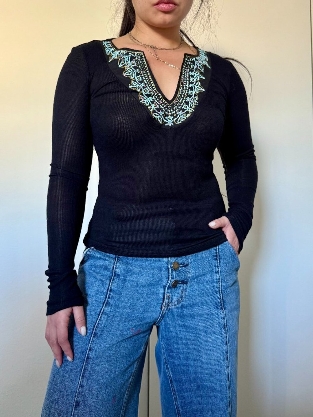 vintage black beaded long sleeve top